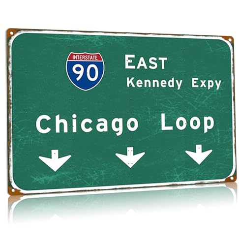 Chicago Loop Vintage Metall-Blechschild Interstate 90 East Kennedy Straßenschild Stadt Land Straße Flughafen Autobahn Schild Cafe Bar Club Schlafzimmer Wanddekoration 61 x 81 cm von Buoraev