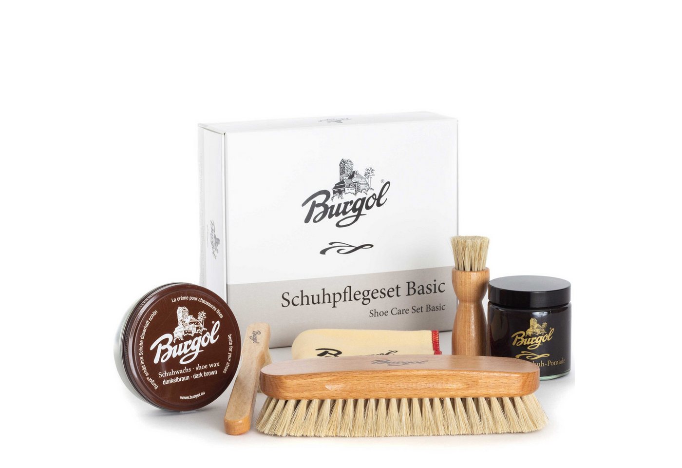 Burgol Burgol Schuhpflegeset Basic mit Schuhpomade, Schuhwachs, Rosshaarbürs Lederpflegeset von Burgol