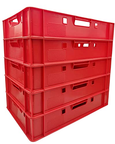 BURI 5x Eurofleischkiste E1 Stapelkisten rot 60x40x12,5cm Fleischerkiste lebensmittelecht, robust, stapelbar - Universal Lagerkisten Transportkisten Eurobox aus Deutschland von BURI