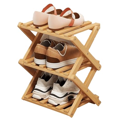 Buric Schuhregal mit 3 Etagen, aus natürlichem Bambus, faltbar, platzsparend, einfache Montage und starkes Design, Schuhständer, Regal, Organizer für Schrank (Primärfarbe, drei Ebenen) von Buric