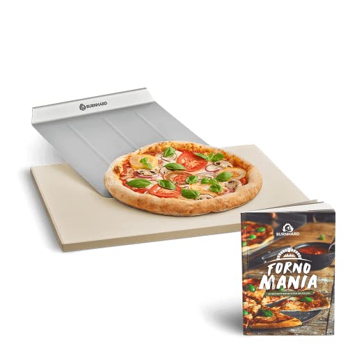 BURNHARD Pizzastein und Pizzaschaufel für Gasgrill & Holzkohlegrill aus Cordierit und Edelstahl für Brot, Flammkuchen & Pizza, rechteckig - 45 x 35 x 1,5 cm von BURNHARD