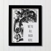 Alice's Abenteuer Im Wunderland - Schwebendes Zitat We're All Mad Here Adventures Transparentes Bild Grinsekatze Illustration Acrylbild von BurntBranch