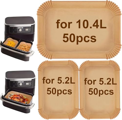 BURRSJ 2-in-1 Luftfritteuse Backpapier Set: 150 Stück (50x für 10.4L +100x für 5.2L) – Passgenau für Ninja FlexDrawer AF500EU/AF500EUCP, Cosori XXL 10L, Cecotec 9000 – Hitzebeständig 230°C, BPA-frei von Burrsj
