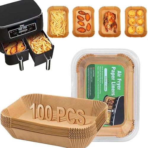 Burrsj Backpapier für Heißluftfritteuse mit Doppelkammer - 100 Stück (21,5 x 14 cm) Kompatibel mit Ninja AF300EU/AF400EU, Princess & Dual-Zone Fritteusen | Spülmaschinengeeignet, Kompostierbar von Burrsj