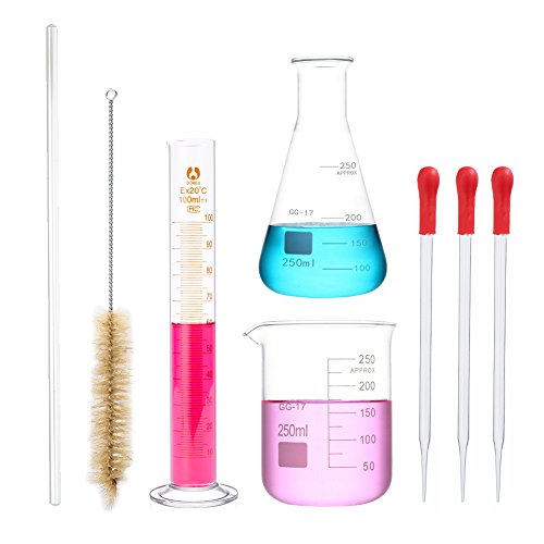 Mess-Set aus Glas, 250-ml-Becherglas, 250-ml-Kolben, 100-ml-Zylinder, 3 x 20-cm-Pipette, 1 x 30-cm-Rührstab, 1 Flaschenbürste, klein, 8 Teile von Burry life science