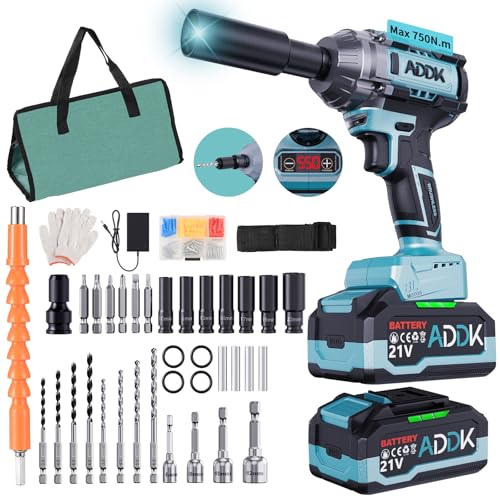 BursDany Akku Schlagschrauber 750N.m, Schlagbohrmaschine mit 8000 mAh Akkus, Bürstenloser Motor, 6 Gänge 2600 U/min, 7 Steckschlüsseleinsätze, 6 P-Bits, 4 Bohrer, Komplett für Mechanik/Bauwesen/BTP von BursDany