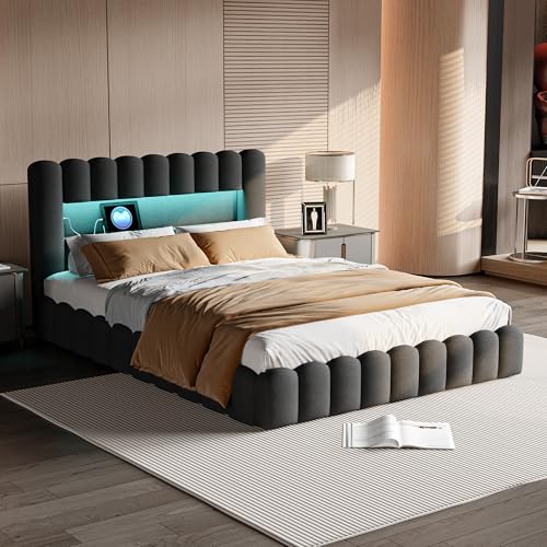 BursDany Bett mit Bettkasten, 160 x 200 cm, mit LED und USB, gepolstertes Doppelbett mit integriertem Stauraum und Lattenrost (Leinen, grau, ohne Matratze) – geeignet für Jugendliche und Erwachsene von BursDany