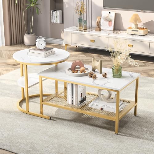 BursDany Couchtisch 2er Set, Couch Beistelltisch Marmor Optik mit Metallrahmen und Ablage, Wohnzimmertisch Modern Sofatisch für Wohnzimmer, Schlafzimmer(Goldene Rechteck) von BursDany