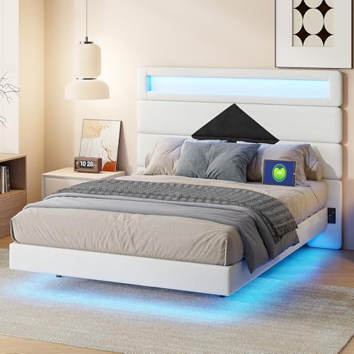 BursDany Doppelbett, 140 x 190 cm mit LED und USB, schwimmendes Design, Stoff aus Samt, Bettgestell für Erwachsene und Jugendliche, weiß, Rhombusen von BursDany