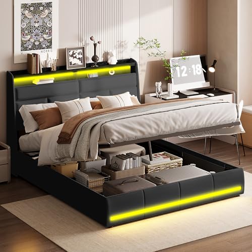 BursDany Doppelbett, Bettkasten, 140 x 200 cm, mit LED, gepolstertes Bett mit Lattenrost und Kopfteil zur Aufbewahrung, geeignet für Erwachsene und Jugendliche, PU, Schwarz (ohne Matratze) von BursDany