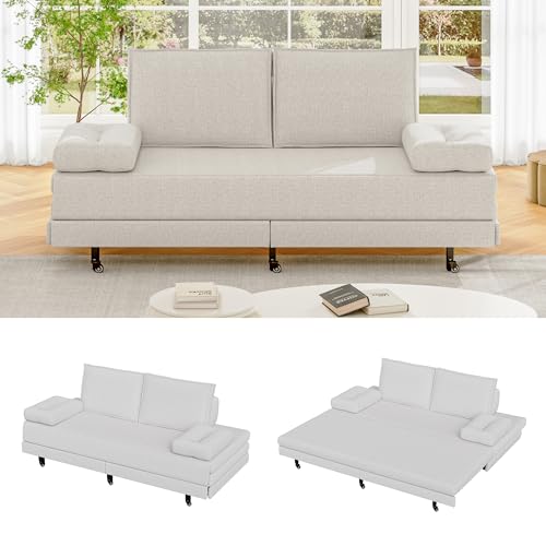 Schlafsofa, ausklappbar, 2-Sitzer, 90/180 x 200 cm, mit gepolsterter Rückenlehne, klappbarer Matratze, Leinenoptik, ausziehbare Bank, ideal für Wohnzimmer & Gästezimmer (beige) von BursDany
