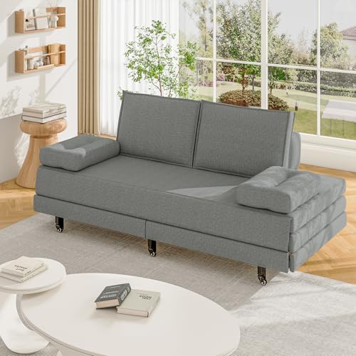 Schlafsofa, ausklappbar, 2-Sitzer, 90/180 x 200 cm, mit gepolsterter Rückenlehne, klappbarer Matratze, Stoff in Leinenoptik, ausziehbare Bank, ideal für Wohnzimmer & Gästezimmer (Grau) von BursDany