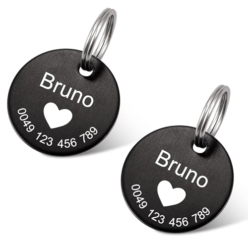 2 Stück Schwarz Erkennungsmarken Hundemarke mit Gravur Tiermarke inkl. Schlüsselring Personalisierte Adressanhänger Rund Plakette für Katze, Hunde 2 Stück Schwarz Erkennungsmarken Hundemarke mit Gravur Tiermarke inkl. Schlüsselring Personalisierte Adressanhänger Rund Plakette für Katze, Hunde von Buruslove