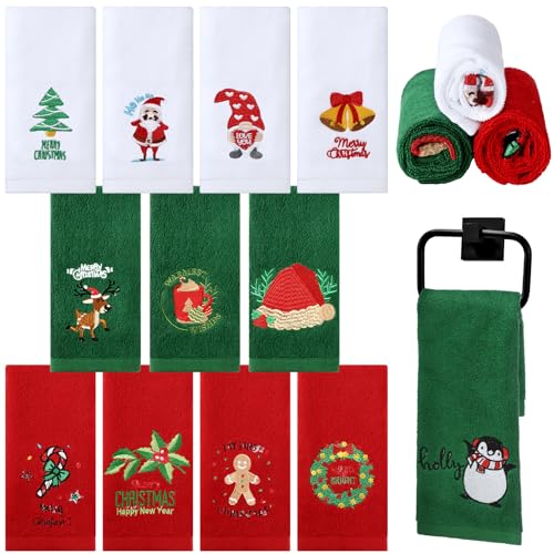 Buryeah 12 Stück Weihnachts-Handtücher, saugfähig, Baumwolle, Weihnachtshandtücher, 32 x 45 cm, Küchentücher für Küchendekorationen, Zuhause, Badezimmer, Weihnachtsgeschenk, 3 Farben von Buryeah