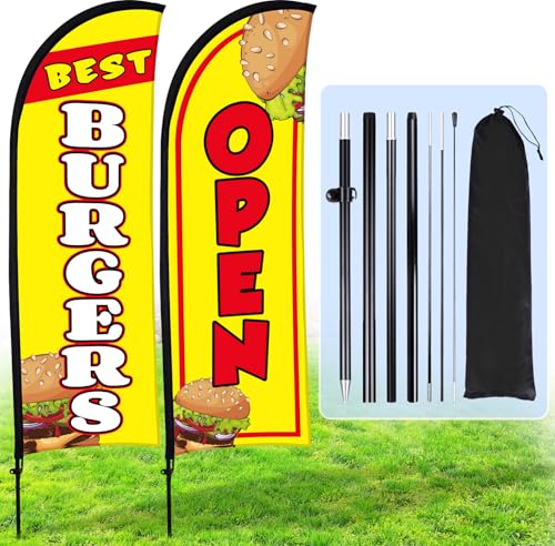 Buryeah 2 Sets Burger-Federflagge für geschäftliche Werbung, 2,4 m, Federflaggenschild mit Fahnenmast, Erdspieß, tragbare Tasche, Burger-Banner für draußen, Gelb von Buryeah