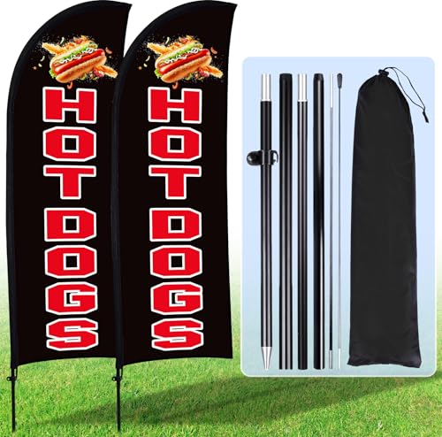 Buryeah 2 Sets Hot Dogs Federflaggen-Set, 2,1 x 1,6 m, Hot Dogs Swooper Flaggenmast Kit mit Stange, Erdspieß und tragbarer Tasche, Hot Dog-Schild für Restaurant, Werbung, Geschäft, Außenboden (schwarz Buryeah 2 Sets Hot Dogs Federflaggen-Set, 2,1 x 1,6 m, Hot Dogs Swooper Flaggenmast Kit mit Stange, Erdspieß und tragbarer Tasche, Hot Dog-Schild für Restaurant, Werbung, Geschäft, Außenboden (schwarz von Buryeah