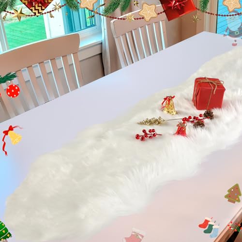 Buryeah 2 Stück Weihnachtstischläufer, 183 x 33 cm, weißer Kunstfell-Tischläufer, weiße Kommode, Fell-Tischläufer, Dekoration, Teppich, Weihnachtstischdekorationen für Weihnachten, Hochzeit, von Buryeah