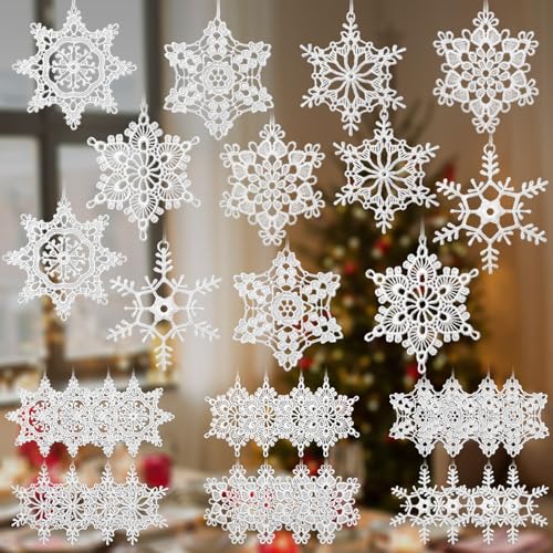 Buryeah Schneeflocken-Winter-Ornamente, gehäkelte Schneeflocken-Dekorationen, hängende Ornamente für Weihnachtsbaum, Weihnachten, Zuhause, Wand, Urlaub, Party, Geschenk, 6 Stile (weiß), 36 Stück von Buryeah