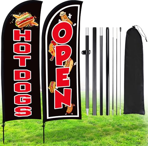 Buryeah Hot Dogs, offenes Federflaggen-Set für Geschäfts-Werbung, 2,4 m, offene Flagge mit Stange, Erdspieß, tragbare Tasche, Hotdog-Schild für Werbung im Freien (schwarz), 2 Sets von Buryeah