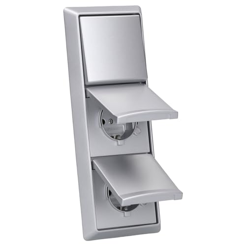 Busch-Jaeger Allwetter 44 Set: 2x SCHUKO Steckdose mit Klappdeckel 20 EUGK-33-101 + Wippschalter-Einsatz 2000/6 US + Wippe 2106-33 + 3-fach Rahmen 2103-33, Alusilber UP von Busch-Jaeger