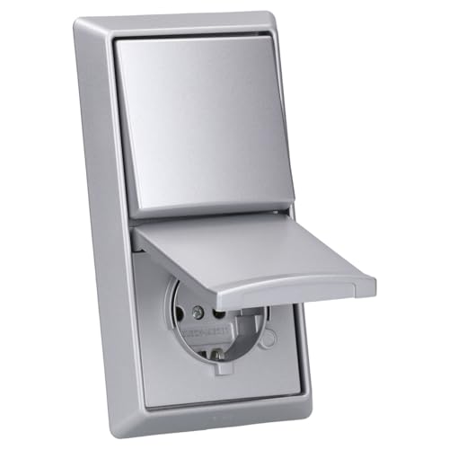 Busch-Jaeger Allwetter 44 Set: SCHUKO Steckdose mit Klappdeckel 20 EUGK-33-101 + Wippschalter-Einsatz 2000/6 US + Wippe 2106-33 + 2-fach Rahmen 2102-33, Alusilber UP von Busch-Jaeger