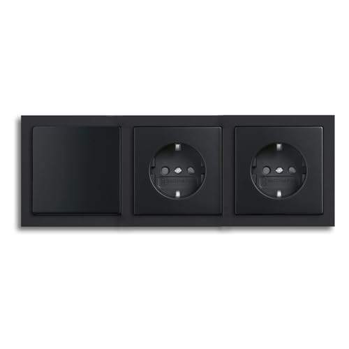 Busch-Jaeger future® linear Komplett-Set: 2000/6 US Wechselschalter + 1786-885 Wippe + 2x 20 EUCKS-885 Steckdose mit erh. Berührungsschutz + 1723-885K Rahmen 3-fach, Future Linear schwarz matt von Busch-Jaeger
