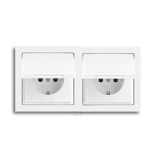 Busch-Jaeger future linear Komplett-Set: 2x 20 EUK-84 SCHUKO Steckdose mit Klappdeckel + 1722-184k Abdeckrahmen 2-fach, studioweiß von Busch-Jaeger