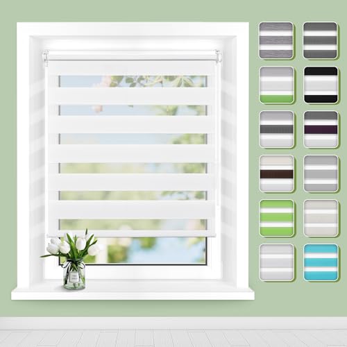 Doppelrollo Klemmfix ohne Bohren B45 x H120cm(Stoffbreite 41cm) Weiß, Rollos für Fenster, Rollo ohne Bohren mit Lichtdurchlässig und Verdunkelnd/Höhe Stufenlos Verstellbar/Kindersicherung von Buseu