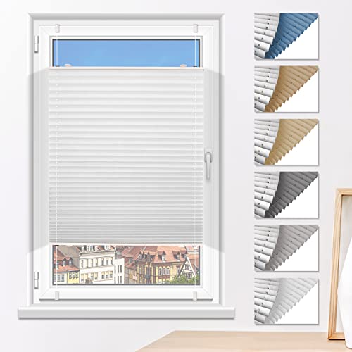 Buseu Rollos für Fenster 100x120cm(BxH) Plissee Verdunklung ohne Bohren, Sonnenschutz Plisseerollo Weiß von Buseu