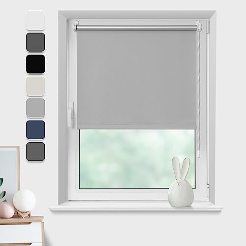 Verdunklungsrollo ohne Bohren Klemmfix, Hellgrau B90xH130cm(Stoffbreite85cm) Thermo Rollos für Fenster ohne Bohren Rollos Für Innen Verdunkelung& Sonnenschutz Seitenzugrollo Klemmrollos für Fenster von Buseu