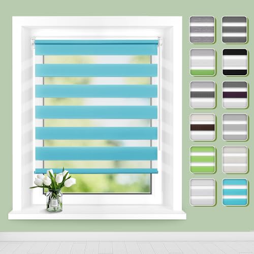 Doppelrollo Klemmfix ohne Bohren B65 x H130cm(Stoffbreite 61cm) Türkis, Rollos für Fenster, Rollo ohne Bohren mit Lichtdurchlässig und Verdunkelnd/Höhe Stufenlos Verstellbar/Kindersicherung von Buseu