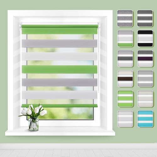 Doppelrollo Klemmfix ohne Bohren B50 x H140cm(Stoffbreite 46cm) Grün-grau-weiß, Rollos für Fenster ohne Bohren, Klemmrollos mit Lichtdurchlässig & Verdunkelnd, Seitenzugrollo Sonnenschutz Rollo von Buseu