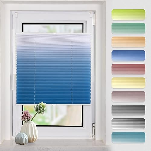 Plissee mit Farbverlauf 100x110cm(BxH) Blau-Weiß plissees klemmfix ohne Bohen Blickdicht Faltrollo Lichtdurchlässig Rollos für Fenster ohne Bohren von Buseu