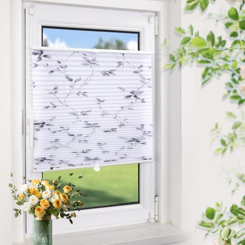 Plissee ohne Bohren Blumenmotiv 100x130cm(BxH) Weiß plissees klemmfix ohne Bohen Blickdicht Faltrollo Lichtdurchlässig Rollos für Fenster ohne Bohren von Buseu