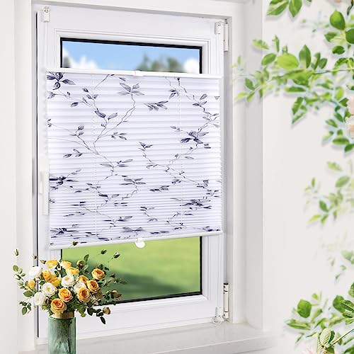 Plissee ohne Bohren Blumenmotiv 50x110cm(BxH) Weiß plissees klemmfix ohne Bohen Blickdicht Faltrollo Lichtdurchlässig Rollos für Fenster ohne Bohren von Buseu