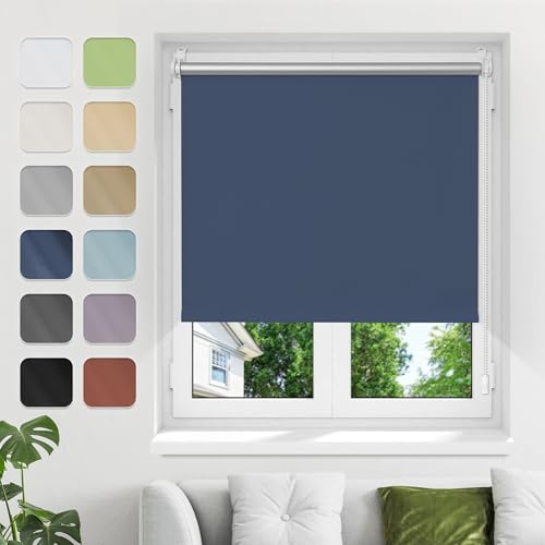Verdunkelungsrollo ohne Bohren Klemmfix B70xH140cm(Stoffbreite65cm) Dunkelblau Verdunklungsrollo Fensterrollo Thermorollo Rollo Seitenzugrollo Klemmrollos für Fenster von Buseu