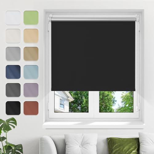 Verdunkelungsrollo ohne Bohren Klemmfix B80xH200cm(Stoffbreite75cm) Schwarz Verdunklungsrollo Fensterrollo Thermorollo Rollo Seitenzugrollo Klemmrollos für Fenster von Buseu