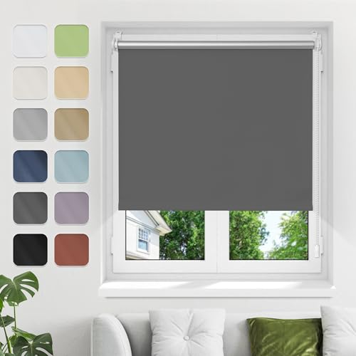 Verdunklungsrollo ohne Bohren Klemmfix, Dunkelgrau B95xH160cm(Stoffbreite90cm) Thermo Rollos für Fenster ohne Bohren Rollos Für Innen Verdunkelung& Sonnenschutz Seitenzugrollo Klemmrollos für Fenster von Buseu