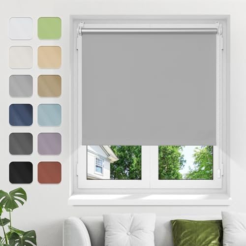Verdunklungsrollo ohne Bohren Klemmfix, Hellgrau B90xH220cm(Stoffbreite85cm) Thermo Rollos für Fenster ohne Bohren Rollos Für Innen Verdunkelung& Sonnenschutz Seitenzugrollo Klemmrollos für Fenster von Buseu
