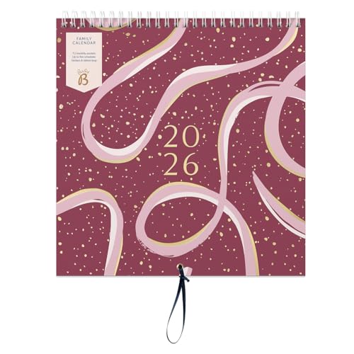 Busy B - Großer Familien-Wandkalender 2026 - Burgunderrotes Schleifenmuster mit 5 Spalten & Aufbewahrungstaschen - Monatskalender 2026 für vielbeschäftigte Familien mit farbcodierten Stickern von Busy B