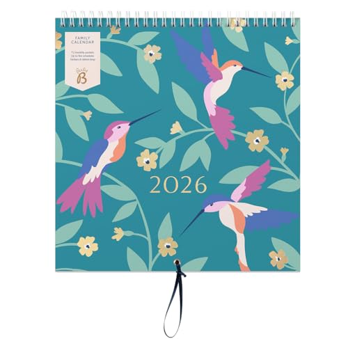 Busy B - Großer Familien-Wandkalender 2026 - Vögel Design mit 5 Spalten & Aufbewahrungstaschen - Monatskalender 2026 für vielbeschäftigte Familien mit farbcodierten Stickern - 23,5 x 25,5 cm von Busy B