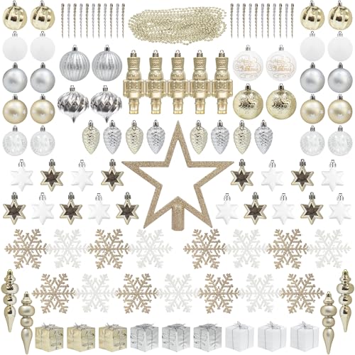115pcs Christbaumschmuck Champagne weihnachtskugeln Set Kunststoff Bruchsicher Inklusive Tree Topper Kugeln Schneeflocken Sterne Tannenzapfen Perlen Girlanden von Busybee