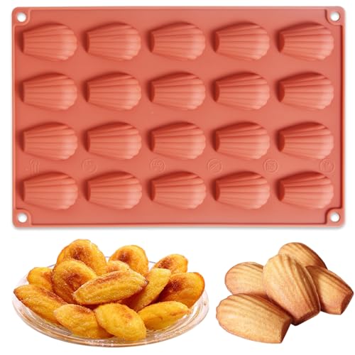 Butabeishy Madeleine Silikonbackform, 20-fache Antihaft-Silikonform in Muschelform, Madeleine-Keksform für Kuchen, Schokolade, Süßigkeiten (30 x 19,5 x 1,3 cm), Terracotta von Butabeishy