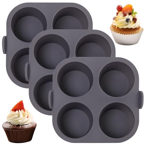 Butabeishy Silikon Muffinform für Heißluftfritteuse, 3-er Packung, 4 Mulden pro Form, Antihaftbeschichtet für Cupcakes, Desserts und Pudding, Spülmaschinenfest, 17,5 x 16,5 cm, Grau von Butabeishy