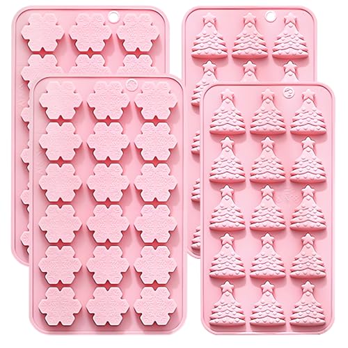 Silikon Backform Set, 4 Stück, Weihnachtsbaum und Schneeflocken Design, Rosa, für Schokolade und Süßigkeiten von Butabeishy