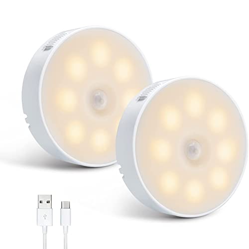 Butilove Nachtlicht mit Bewegungsmelder 2 Stück, 8 LEDs USB-Akku-Nachtlicht mit 3 Modi On/Auto/Off, warmweißes Licht geeignet für Kinder, Erwachsene, Badezimmer, Schrank, Treppen, Flur von Butilove