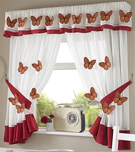 Küchenvorhänge und Raffer mit Stiftfalten, mit Schmetterlingsmotiv, weiß / orange, Polyester, weiß / orange, 66 x 48-Inch von Butterflies 21