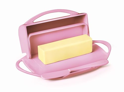 Butterie Butterdose mit Klappdeckel und passendem Messer, für 2 Stäbchen/Kerrygold Butter, No-Mess Butterhalter, bruchsicher, spülmaschinenfest (Rosa) von Butterie