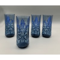 Libbey Bolero Weizen & Band Muster Rauchblaue Trinkgläser, 16 Unzen, 4Er Set, 1970Er Jahre Vintage, Rauchblaues Trinkgeschirr von ButtongateShoppe