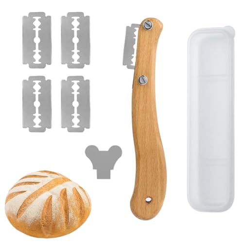 Butyeak Baguettemesser, Brot Lahm, Brot Bäcker Cutter, Teig Rasiermesser Werkzeug, Brot Lahm Scoring Tool Set, Bäckermesser mit 5 Brotklinge, für DIY Brotteig Muster, Edelstahl Holzgriff von Butyeak